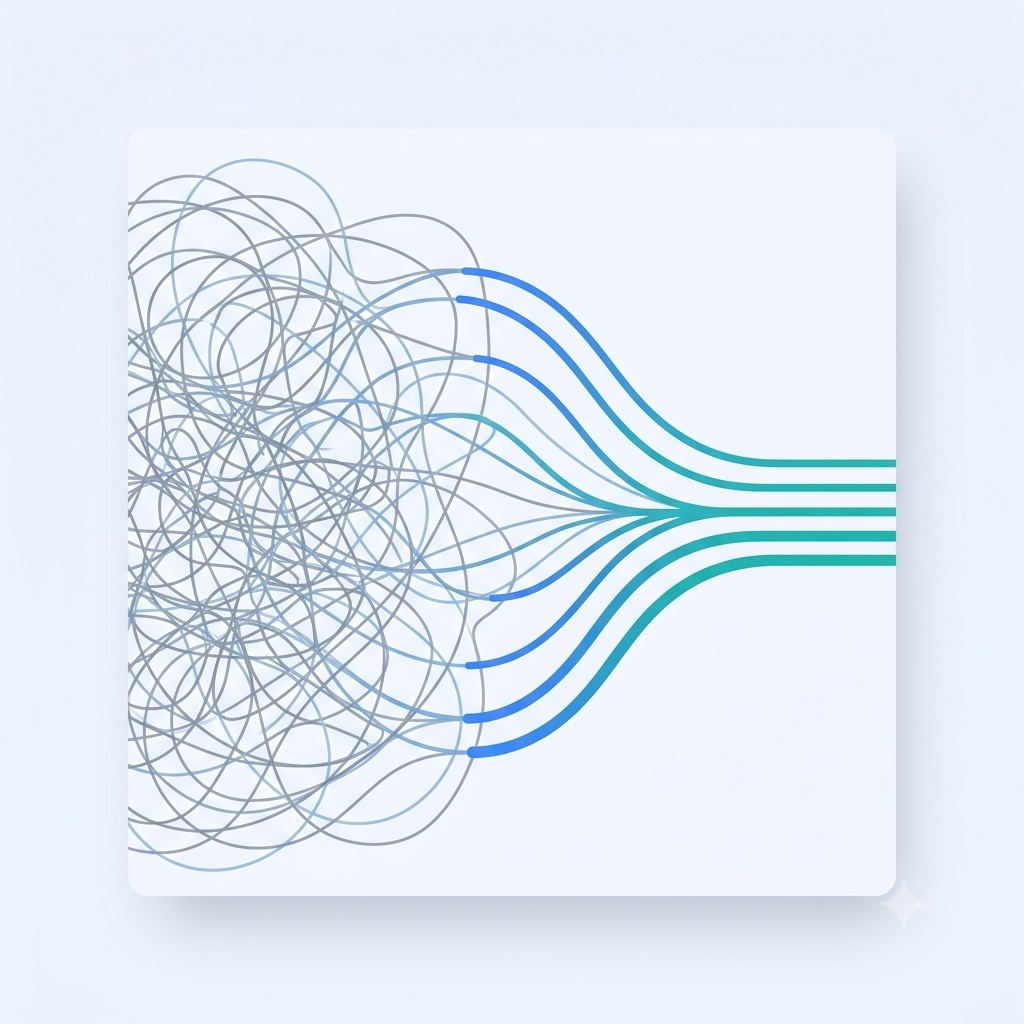Illustration of tangled complexity resolving into clear, simple workflow lines
